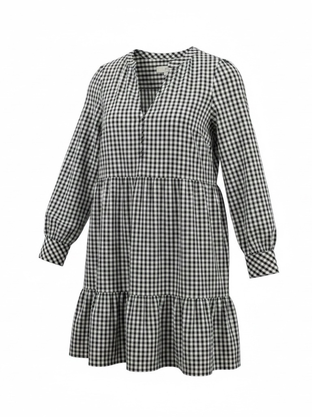 LOFT Black and White Gingham V-Neck Long-Sleeve Tiered Dress